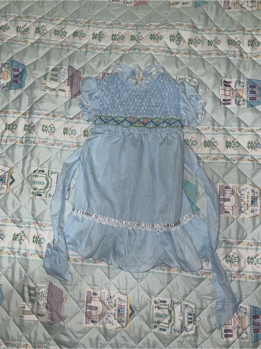 Light Blue Smocked Baby Dress with Floral Embroidery
